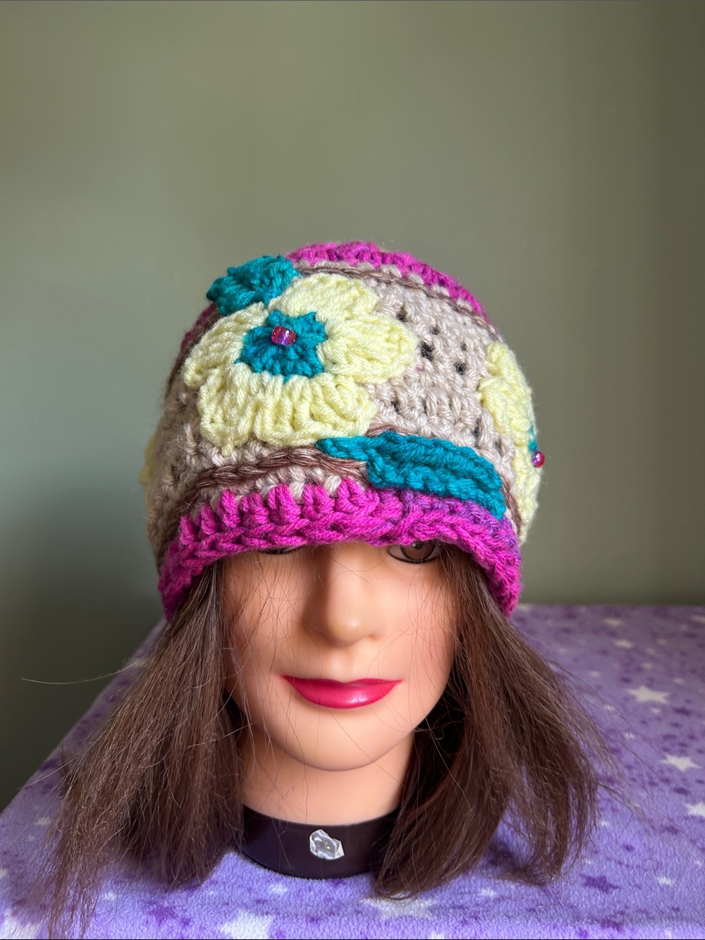 Handmade boho Crochet Beanie with Pink Trim and Yellow Flowers medium acrylic